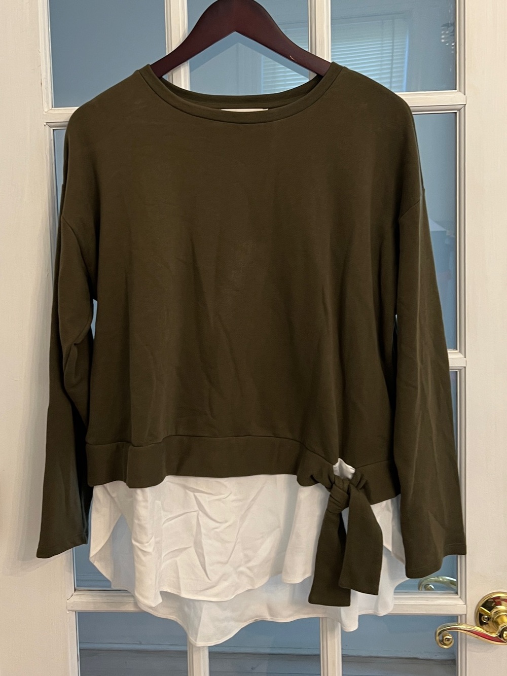 LOFT Women’s Petite Olive Green Layered Shirt Hem Side Tie Sweatshirt LP